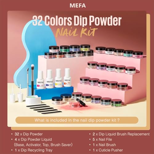 MEFA 32 Colors Dip Powder Nail Kit Pink Glitter Clear Nude White All Seasons Tones Dipping Powder with Base Top Coat Activator Brush Saver Liquid Set, French Nail Art Manicure