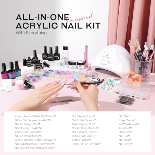 Acrylic Nail Kit with Everything: Professional Nail Kit Set for Beginners 48W Nail Lamp Complete Nail Supplies Salon
