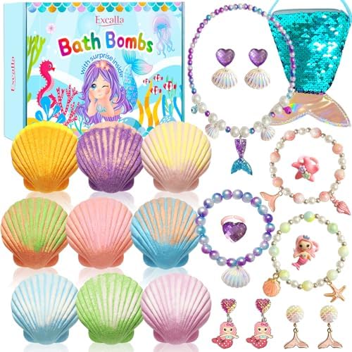 Mermaid Bath Bombs for Girls Kids with Toys Inside, 9 Pcs Natural Handmade Shell Bubble Bath Bomb Kit for Girls with Jewelry Surprise, Pefect for Christmas Easter Birthday Gift Princess Party Favor