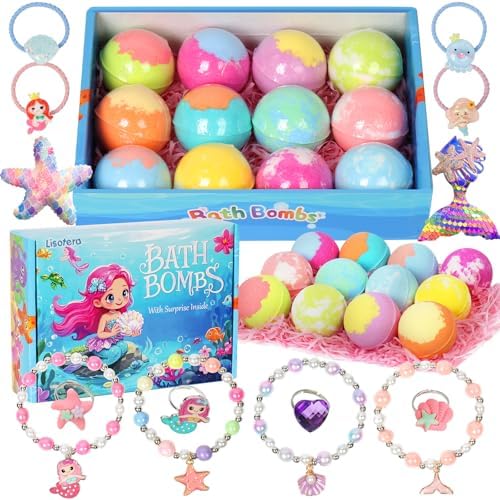 Girls Bath Bombs with Toys Inside for Kids, 12 Pcs Natural Mermaid Princess Bubble Bath Bomb with Jewelry Surprise Inside, Christmas Easter Basket Stuffer Valentines Day Birthday Gift Set