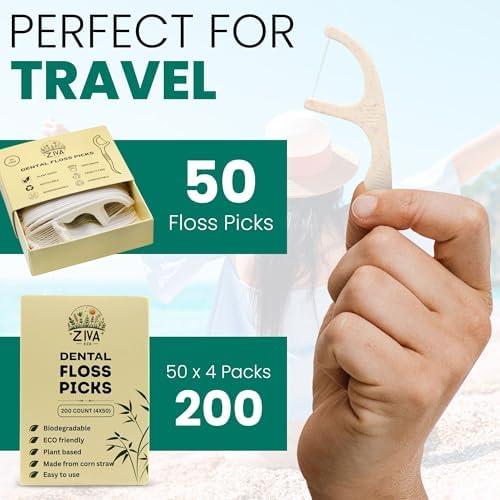 Biodegradable Dental Floss Picks for Teeth, 200 Count, Corn Straw Floss Picks, PFAS Free. Unflavored Flossers, Plant Based, Shred Resistant Floss for Adults & Kids