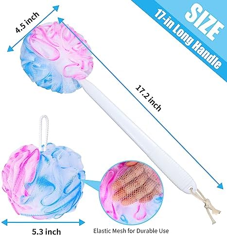 VANZAVANZU Loofah Sponge Set Loofah Exfoliating Body Scrubber, Anti-Slip Plastic 17" Handle Loofah on a Stick with Fluffy Shower Sponge, PE Soft Mesh Shower Loofahs-White with Blue Pink Edge