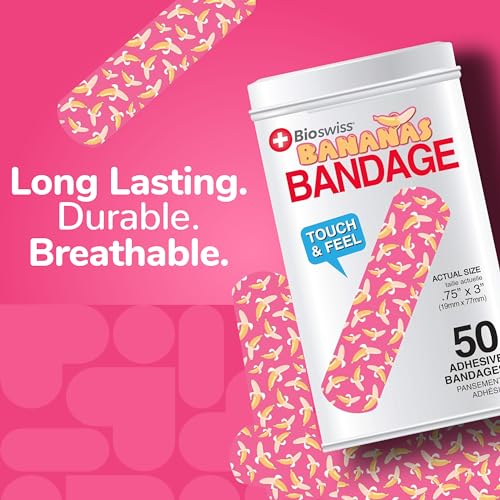 BioSwiss Bandages, Banana Print Self Adhesive Bandage, Latex Free Sterile Wound Care, Standard Shape for Kids and Adults, 50 Count