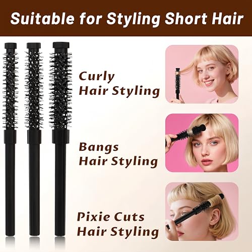 3pcs Small Round Hair Brush for Short Hair - Barrel Hair Brush for Blow Drying, Aluminum Round Brush for Bobs, Bangs, Lobs, Roots, Curling, Pixie Cuts, Straight Hair - Black