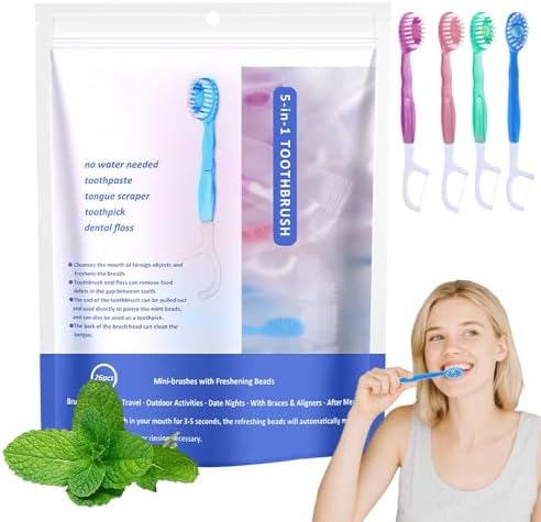 2025 New 5 in 1 Mini Toothbrush & Floss, 26 PCS Disposable Mini Toothbrushes with Toothpaste, All in one Oral Care on The go, Portable Travel Toothbrush and Toothpaste Set (1 Set/26 Pcs)