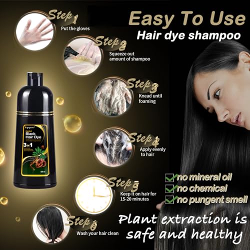 Black Hair Dye Shampoo 3 in 1, Natural Dye to Cover Gray Hairs,Hair Color Shampoo for Women and Men,Herbal Ingredient Shampoos for Grey Hairs Coverage-500ml/17 Oz