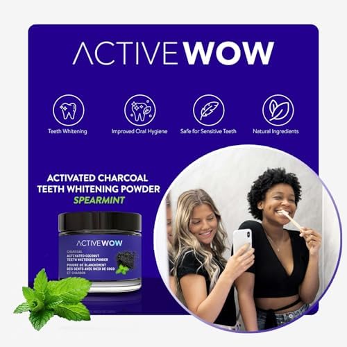 Active Wow Activated Coconut Charcoal Powder - Natural Whitening, Fluoride Free, Sulfate & Paraben Free, Spearmint Toothpaste Powder, 20g