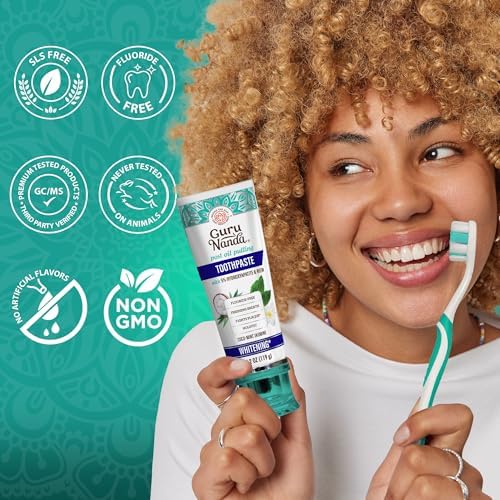 GuruNanda Hydroxyapatite Toothpaste, SLS & Fluoride Free (4 Pack), Whitening Toothpaste - Freshens Breath, Fights Plaque - with 2 Toothbrushes, 2 Tongue Scrapers & 2 Tube Squeezers