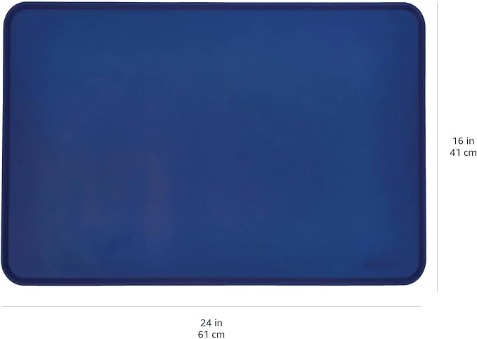 Amazon Basics Waterproof Anti-Slip Silicone Cat & Dog Food Mat, Pet Mats with Raised Edges for Food and Water Bowl to Protect Floors, 24 x 16 Inches, Blue, Solid