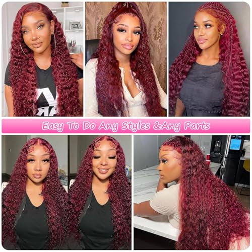 99j Burgundy Wig Human Hair 13x6 Deep Wave Lace Front Wigs Human Hair 180 Density Red Colored Wigs Human Hair for Black Women Burgundy Deep Curly Lace Frontal Wigs (30 Inch)