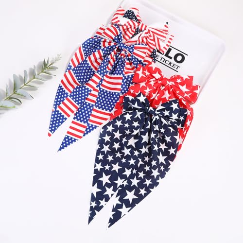 4th of July Hair Bows for Women,Big Ribbon Bow Hair Clips for Girls, Oversized Long Tail Hair Barrettes Cute Hair Accessories (Red Blue White)