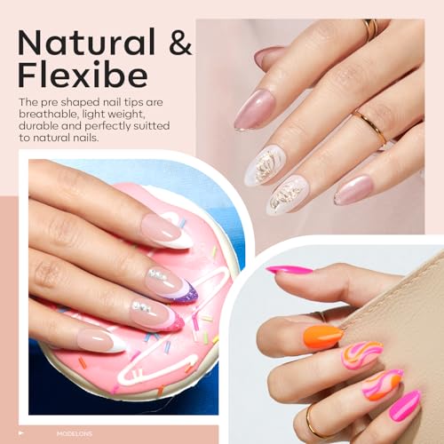 modelones Gel Nail Kit Short Almond Gel Nail Tips, 9-in-One Nail Glue with Portable U V Nail Lamp, 216Pcs 12Sizes Press On Acrylic False Nails Tip Nail Extension DIY Nails Art Gift for Women