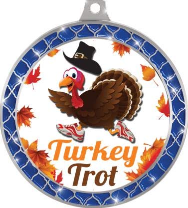 Turkey Trot Blue Trellis Medal Silver, 2.5" Turkey Trot Prizes, Kids Thanksgiving Trophy Medal Awards 5 Pack Prime