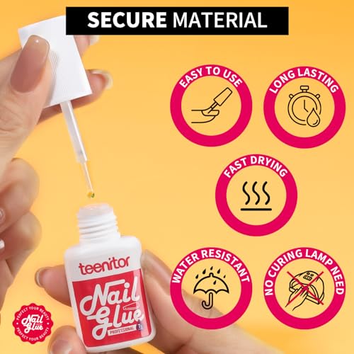 Teenitor Pink Nail Glue, 10 Pack Brush On, Strong for Press Ons & Acrylic Nails, Water Resistant, Fast Drying, No Lamp Needed