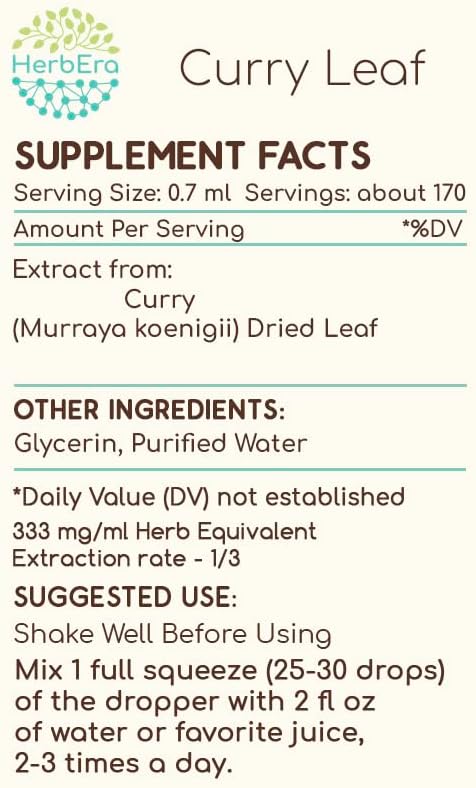 Curry Leaf B120 Alcohol-Free Herbal Extract Tincture, Concentrated Liquid Drops Natural Curry Leaf (Murraya koenigii) Dried Leaf (4 fl oz)