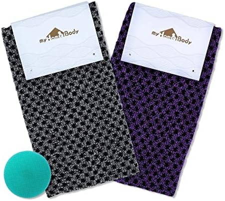 myHomeBody Extra Long Exfoliating Washcloth, Exfoliating Body Scrubber, Shower Towel, Long Bath Cloth, 3D Texture Obsidian and Raisin Dots, Set of 2 with Silicone Facial Brush