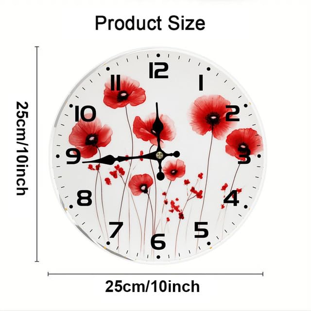 Geroclonup Home Decor Red Flower Wall Clock Hello Spring 25cm Round Wall Clocks Battery Operated Silent Shabby Chic Wall Decor Home Decor for Living Room Kitchen Bedroom Office