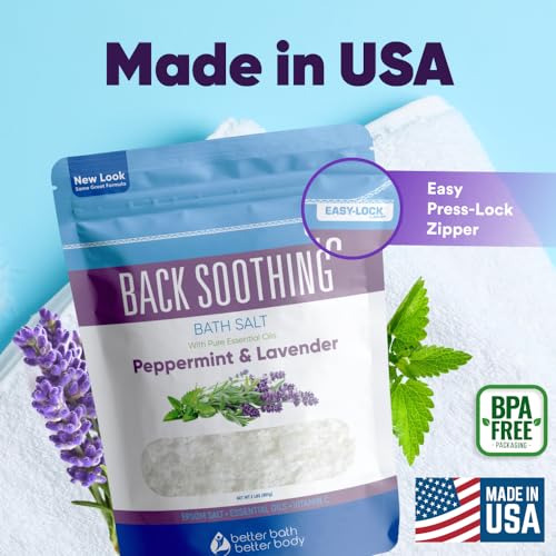 Back Soothing Bath Salt 32 Ounces Epsom Salt with Natural Bergamot, Lavender, Eucalyptus and Peppermint Essential Oils Plus Vitamin C in BPA Free Pouch with Easy Press-Lock Seal