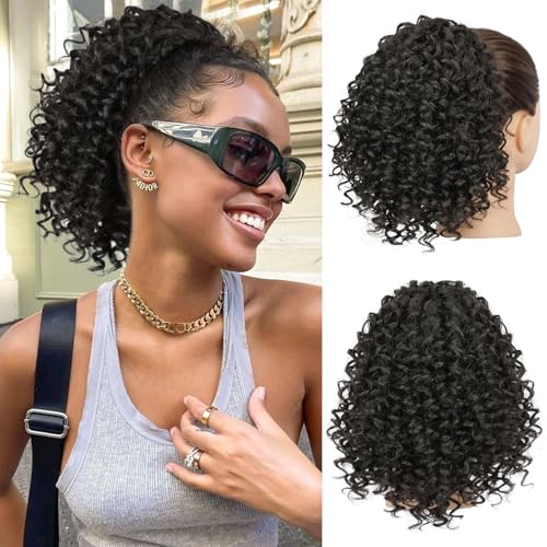 Lommel Ponytail Extension for Black Women,10 Inch Drawstring Ponytail for Black Women Curly Pony Tails Hair Extensions for Womens Afro Kinky Curly Hair Pieces for Daily Use(Brown Black)