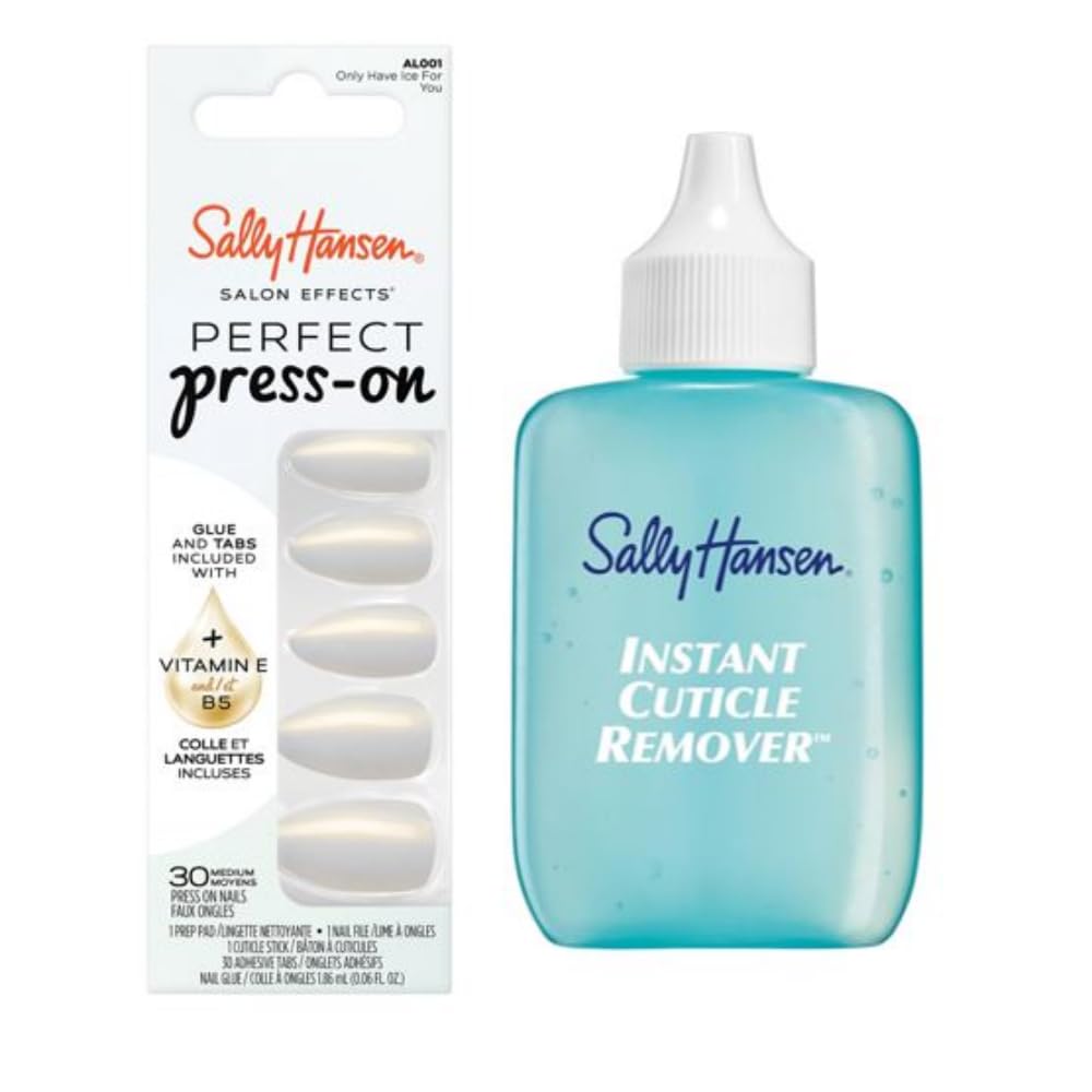 Sally Hansen Instant Cuticle Remover | 15-Second Gel Formula with Aloe & Chamomile | Press-On Nails Kit with 30 Designs