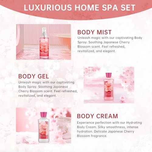 Japanese Cherry Blossom Bath and Body Gift Set, Gel, Lotion, Mist, Travel Size Spa Set,With Natural Extracts-Body Care kit for Birthday Mother's Day Chirstmas Gifts