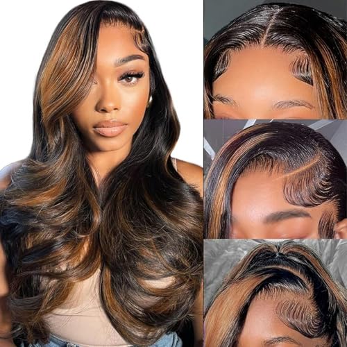 28 Inch 13x6 Ombre Lace Front Wigs Human Hair 200 Density 1B/30 Highlight Ombre 13x6 HD Transparent Lace Front Wigs Human Hair Colored Balayage Wig Body Wave Human Hair Wigs for Women