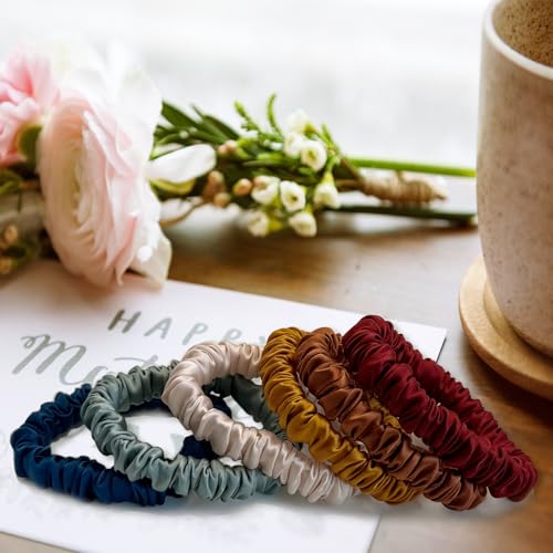 6 Pcs Set 100% Pure Mulberry Silk Hair Scrunchies Silk Hair Ties with 6 Chic Colors Everyday Skinny Scrunchies Silk Ponytail Holders Hair Care No Damage (Vintage)