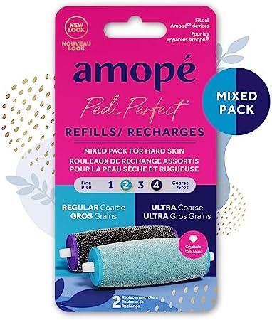 Amope Pedi Perfect Electric Callus Remover Foot File Roller Head Refills, with Diamond Crystals, Removes Hard & Dead Skin, Mixed Pack for Hard Skin, 1 Regular Coarse & 1 Ultra Coarse Refill – 2 Count