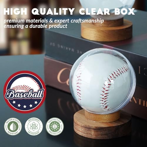 JupDec Baseball Display Case, Round Clear Ball Holder with Wooden Base, Autograph Baseball Stand Box for Single Ball, Acacia Wood, Brown