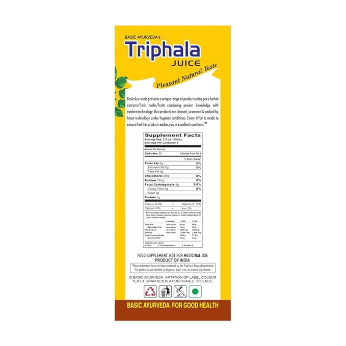BASIC AYURVEDA Triphala Juice | 16.23 Fl Oz (480ml) | Organic Fruit Juice of Amla Bibhitaki & Haritaki | Natural Source of Vitamin C | for Healthy Hair & Digestion