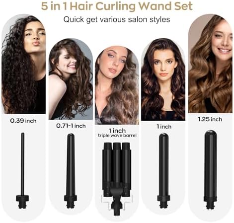 5 in 1 Wand Curling Iron, janelove Hair Curling Wand Set with 3 Barrel Hair Crimper and 4 Interchangeable Ceramic Curling Irons (0.39 "-1.25"), 2 Temps Fast Heat Hair Waver Curler for All Hair Type