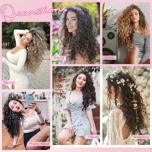 REECHO Curly Hair Extensions, 4PCS 16 inch Clip in Hair Extensions Lace Weft Short Curly Hair Extensions Clip Ins Invisible Natural Hairpieces for Women, Chocolate Brown
