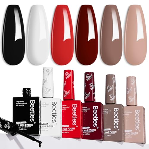 Beetles Gel Nail Polish Set, 6 Colors Hema-Free Soft Classics Black White Red Nude Polish Kit 15ML Full Size Soak off Uv Led Lamp Nail Art Salon Colorful Bottle Manicure Gift for Women