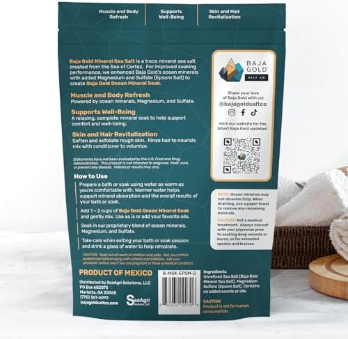 Baja Gold Ocean Mineral Soak- Organic Epsom Salt Bath Soak for Relaxation & Skin - Magnesium Flakes Bath Soak for Sleep & Muscles - Unscented, 2 Lb Resealable Bag