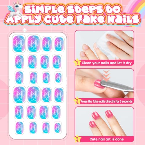 144 Pieces 6 Pack Kids Press on Nails Artificial Fake Nails for Kids Girls Pre Glue Full Cover Short Acrylic False Nail Tips Art Kits Gifts for Girls Nail Art Decoration (Gradient Pattern)