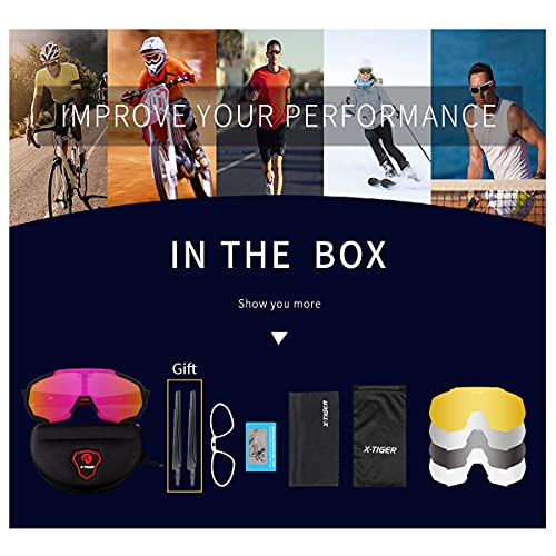 X-TIGER Polarized Sports Sunglasses with 5 Interchangeable Lenses,Mens Womens Cycling Bike Glasses,Baseball Running Fishing Golf Driving Sunglasses