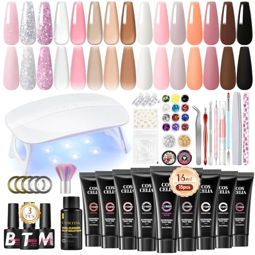 COSCELIA 44PC Poly Nail Gel Kit Starter Kit 16ML 15 Colors Poly Extension Gel with U V Lamp Slip Solution Glitter Decorations Nail Extension Gifts for Women