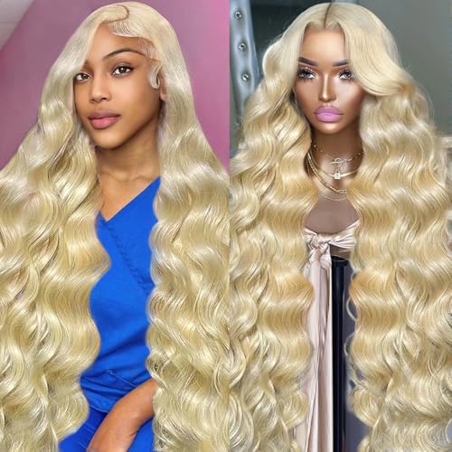 613 HD Lace Frontal Wig 13x6 200 Density, Blonde Lace Front Wigs Human Hair, Pre Plucked Bleached Knots with Baby Hair Natural Hairline Body Wave 613 Lace Front Wig Human Hair (28 Inch)
