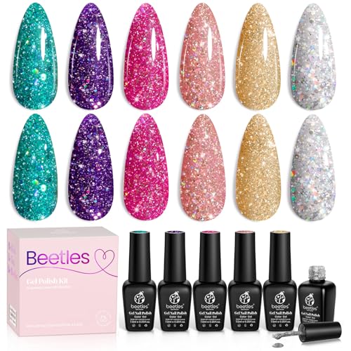 Beetles Glitter Gel Polish, 6 Pcs Pink Silver Platinum Gel Polish Kit Soak off Uv Lamp Shimmer Purple Pink Green Gold Glitter Nail Polish Kit Holiday Gift Design for Party