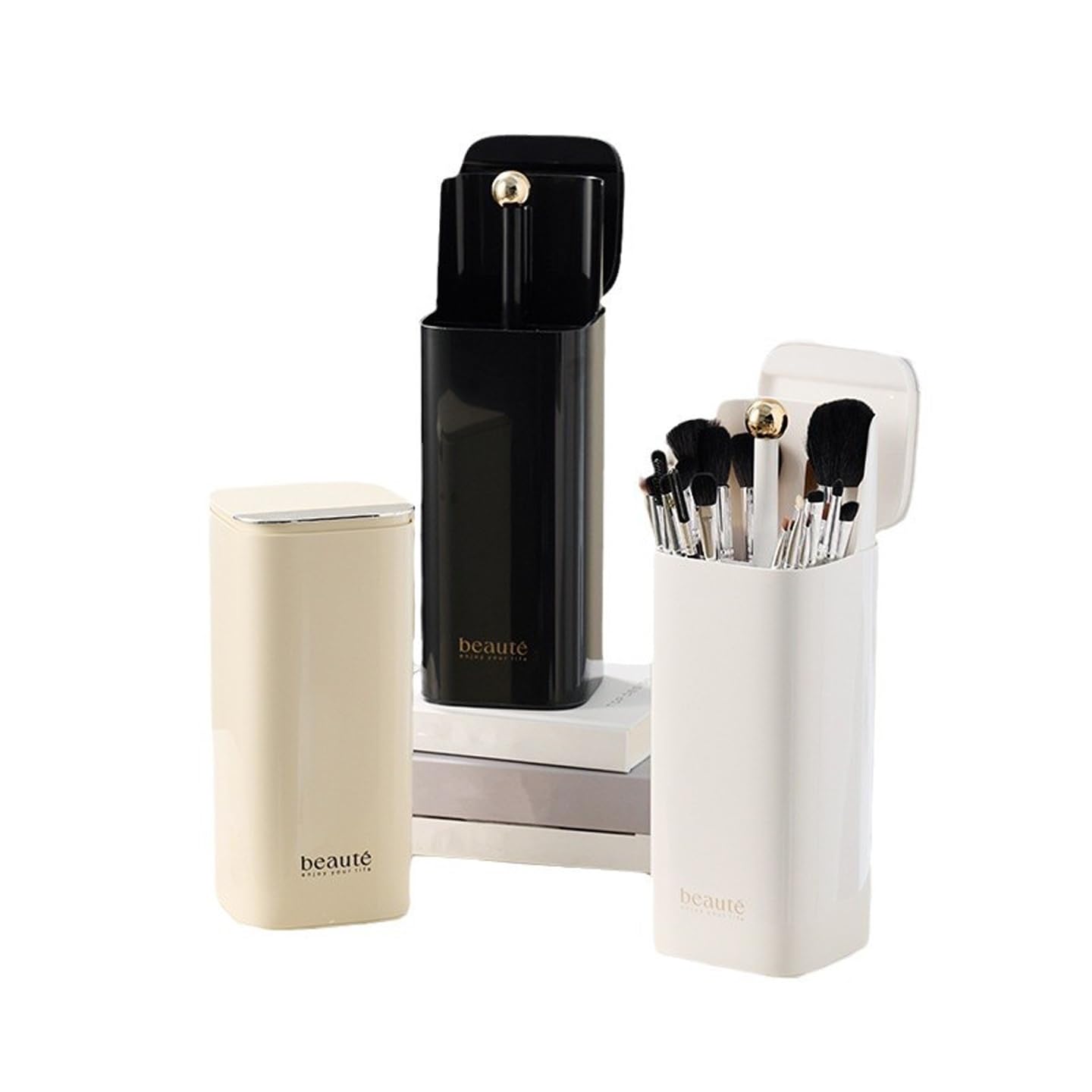 ACSTORi Makeup Brushes Organizer With Portable Covered Cap Waterproof Dustproof Manual Press Lift Makeup Brush Holder With Lid For Vanity Desktop Bathroom Countertop Black