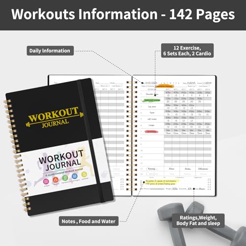 Fitness Workout Journal for Women & Men, A5 Hardcover Workout Log Book & Gym Exercise Planner With Progress Tracker, Goals, Calendar, 5.8" x 8.4" - Black