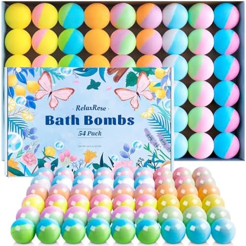 54 Pack Handmade Bath Bombs – 11 Vibrant Colors & 9 Unique Scents, Long-Lasting Fizzy Bubbles & Colorful Magic, 7-Minute Dissolve for Relaxation, Perfect for Birthdays & Summer Self-Care