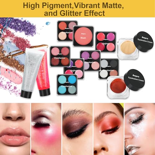 Anpro All-In-One Makeup Carry Case with Pro Teen Makeup Set, Full Starter Cosmetics Kit with Makeup Brushes, Lipsticks, Eye Shadows Palette, Blushes, Glitter Gel-Yellow Leopard