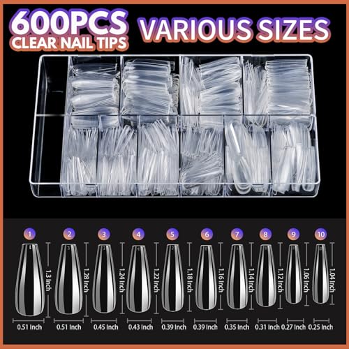 Teenitor Clear Coffin Nail Tips Set, Long Acrylic Nail Kit Full Cover Clear Press On Nails, 600 Pcs Fake Nails with Glue, Acrylic Nail Clipper Files and Buffer Polisher