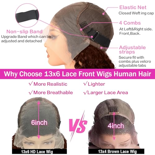 30Inch Chocolate Brown Deep Wave Lace Front Wigs Human Hair 200 Density 13x6 HD Lace Frontal Wigs Curly Human Hair Wig For Women Pre Plucked with Natural Hairline 4# Brown Color