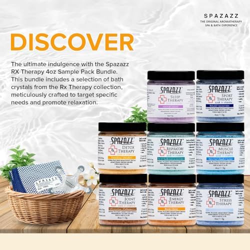 Spazazz RX Therapy Hot Tub Spa and Bath Aromatherapy Salt Crystals 4oz 8 Pack Sample Bundle Includes Muscle - Joint - Detox - Stress - Respiratory - Sport -Sleep - Energy. Great for Muscles & Joints