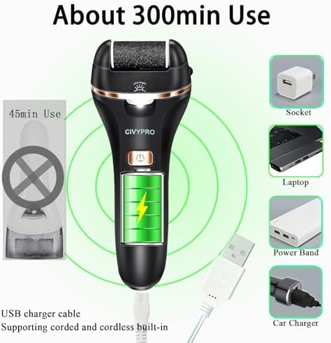 Electric Foot Callus Remover- Long Service Time, Rechargeable Electronic Foot File- Ideal Gift, Professional Pedicure Tools, Waterproof Foot Scrubber, Pedicure Kit Feet Care for Dead Skin (Black)