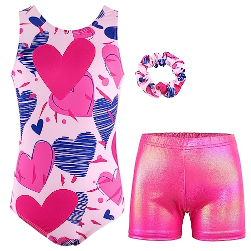 MODAFANS Leotards for Girls Gymnastics with Shorts Ballet Dance Set Athletic Leotards with Hair Scrunchie Pink Heart,4-5Years