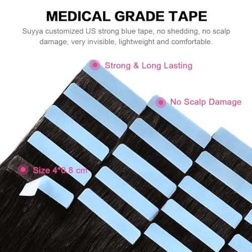 SUYYA Tape in Hair Extensions Natural Black 100% Remy Human 20 inches 20pcs 50g/pack Straight Seamless Skin Weft Hair(20 #1B Off Black)