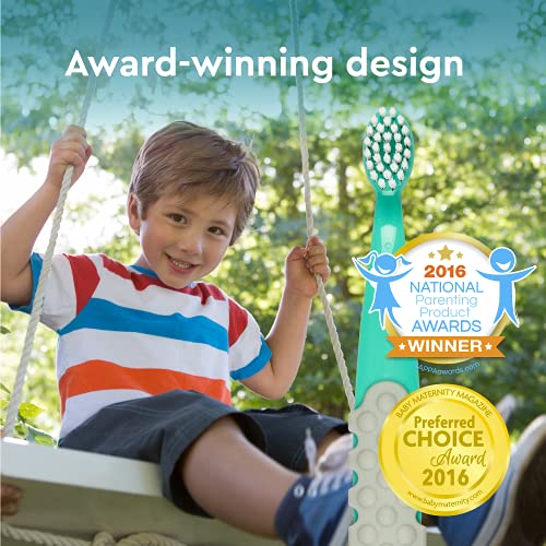 RADIUS Children's Toothbrush, Totz Plus Brush, Extra Soft Bristles, White/Green/Lightblue, BPA Free & ADA Accepted, for Delicate Teeth & Gums for Children 3 Years & Up, Pack of 3